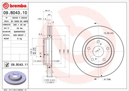 Tarcza hamulcowa BREMBO 09 B043 11 435120F030 TOYOTA AVENSIS  09- PRZÓD