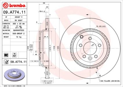 Tarcza hamulcowa BREMBO 09 A774 11 LR016192 LANDROVER RANGE ROVER  09-13 TYŁ