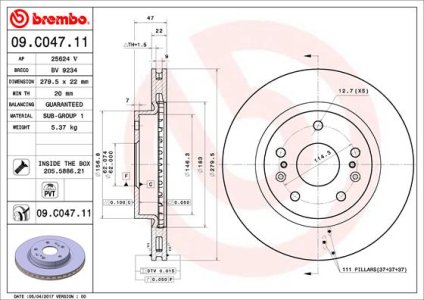 Tarcza hamulcowa BREMBO 09 C047 11 5531161M00 SUZUKI SX4 S-CROSS  13- PRZÓD