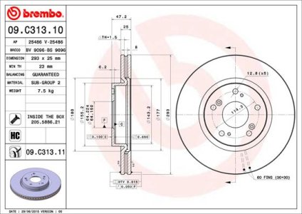 Tarcza hamulcowa BREMBO 09 C313 11 45251TV2E00 HONDA CIVIC IX  12- PRZÓD
