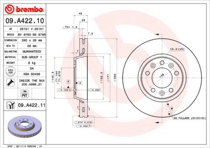 TARCZA HAMULCOWA BREMBO 09.A422.11 FIAT SCUDO  07- PRZÓD