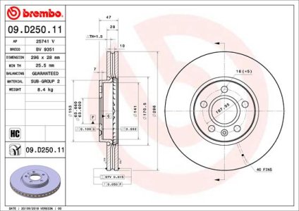 Tarcza hamulcowa BREMBO 09 D250 11 31423722 VOLVO S90 II  16- PRZÓD