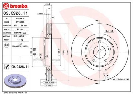 Tarcza hamulcowa BREMBO 09 C928 11 402064CE0A NISSAN X-TRAIL  13- PRZÓD