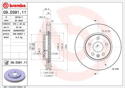Tarcza hamulcowa BREMBO 09D39111 13597460 OPEL ASTRA K  15- przód