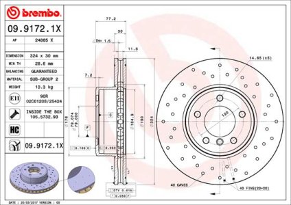 Tarcza hamulcowa BREMBO 09 9172 1X 34116753221 BMW 5 E60  03-10 WEN.