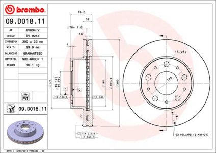 Tarcza hamulcowa BREMBO 09 D018 11 51957509 FIAT DUCATO  15- PRZÓD
