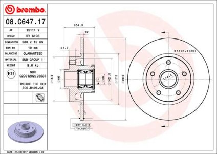 Tarcza hamulcowa BREMBO 08.C647.17 z łożyskiem