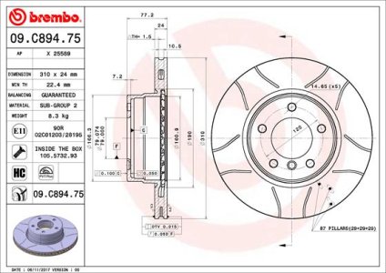 Tarcza hamulcowa BREMBO 09C89475 34116764021 BMW 5 E60  03-10 WEN. 520D