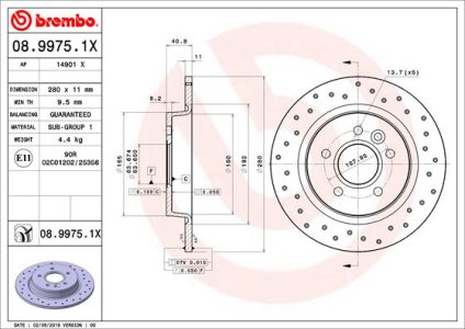Tarcza hamulcowa BREMBO 08 9975 1X 1253962 FORD FOCUS II  04-  TYŁ