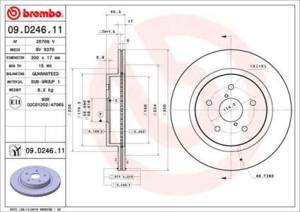 TARCZA HAMULCOWA BREMBO 09 D246 11 26700AL010 SUBARU OUTBACK 15- TYŁ