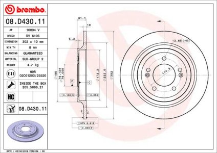 TARCZA HAMULCOWA BREMBO 08 D430 11 58411D7700 HYUNDAI TUCSON 15- TYŁ