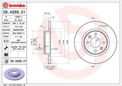 TARCZA HAMULCOWA BREMBO 08 A268 21 402065345R RENAULT TWINGO III 14-17 PRZÓD