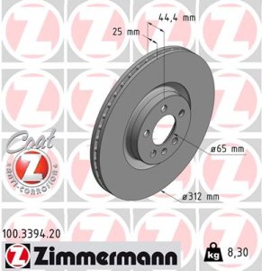 Tarcza hamulcowa ZIMMERMANN 100 3394 20 2Q0615301J AUDI A1 18- PRZÓD