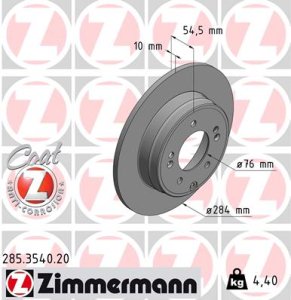 Tarcza hamulcowa ZIMMERMANN 285 3540 20 584113S100 KIA OPTIMA  12- TYŁ