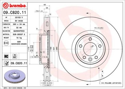TARCZA HAMULCOWA BREMBO 09 C820 11 LR098968 LAND ROVER DISCOVERY V 16- PRZÓD