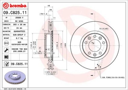 TARCZA HAMULCOWA BREMBO 09 C825 11 9805961480 CITROEN C4 GRAND PICASSO 13- PRZÓD