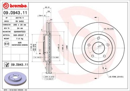 TARCZA HAMULCOWA BREMBO 09 D943 11 402065HA0A RENAULT KOLEOS II 16- PRZÓD