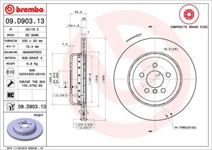 Tarcza hamulcowa BREMBO 09 D903 13 34216882246 BMW 5 G30,F90 16- tył prawy