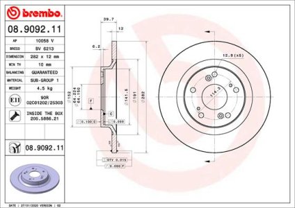 TARCZA HAMULCOWA BREMBO 08 9092 11 42510S2A000 HONDA S2000  99-04 TYŁ