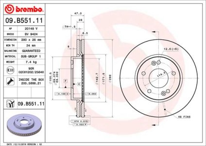 TARCZA HAMULCOWA BREMBO 09 B551 11 517123K010 HYUNDAI SONATA 09- PRZÓD