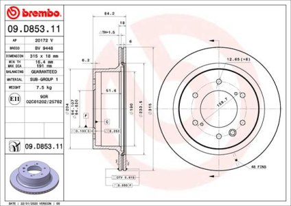 TARCZA HAMULCOWA BREMBO 09 D853 11 4615A224 MITSUBISHI PAJERO SPORT III 15- TYŁ
