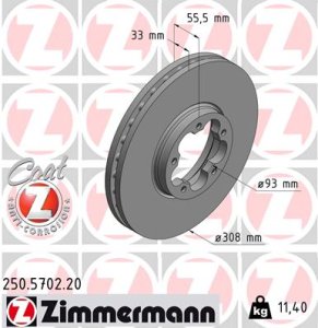 Tarcza hamulcowa ZIMMERMANN 250 5702 20 2168836 FORD TRANSIT 19- PRZÓD