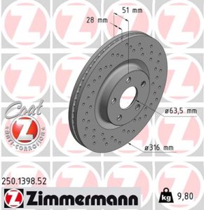 Tarcza hamulcowa ZIMMERMANN 250 1398 52 2036566 FORD S-MAX 15- PRZÓD