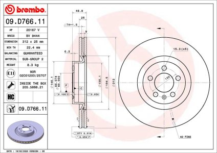 TARCZA HAMULCOWA BREMBO 09 D766 11 2Q0615301N VW POLO 17- PRZÓD