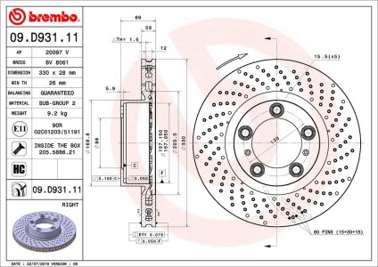 TARCZA HAMULCOWA BREMBO 09 D931 11 99735140201 PORSCHE 911 (997) 08- PP