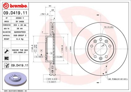 TARCZA HAMULCOWA BREMBO 09 D419 11 9805260180 CITROEN JUMPY 16- PRZÓD