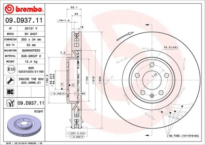 TARCZA HAMULCOWA BREMBO 09 D937 11 95B615302F PORSCHE MACAN 14- PP