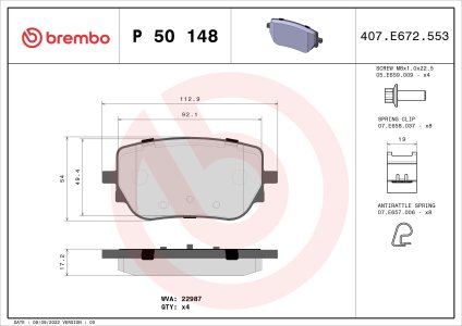KLOCKI HAMULCOWE BREMBO P50148 0004207600 MERCEDES W177 A-KLASA 18- TYŁ