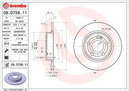 TARCZA HAMULCOWA BREMBO 08 D758 11 2474230112 MERCEDES W177 A-KLASA 18- TYŁ