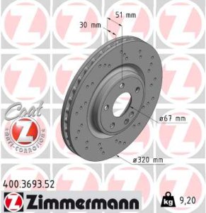 Tarcza hamulcowa ZIMMERMANN 400 3693 52 2464212612 MERCEDES W176 A-KLASA 12- PRZÓD