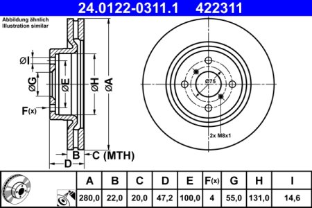 TARCZA HAMULCOWA ATE 24 0122 0311 435120D210 TOYOTA YARIS 12- PRZÓD