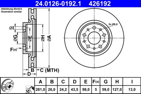 TARCZA HAMULCOWA ATE 24 0126 0192 52067393 FIAT TIPO 15- PRZÓD