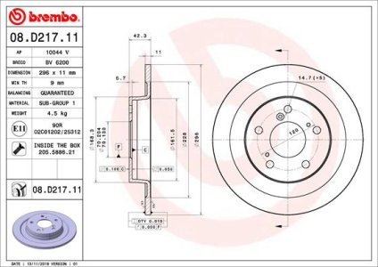 TARCZA HAMULCOWA BREMBO 08 D217 11 42510TV8E00 HONDA CIVIC IX 15- TYŁ