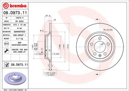 TARCZA HAMULCOWA BREMBO 08 D973 11 2Q0615601G VW POLO 17- TYŁ