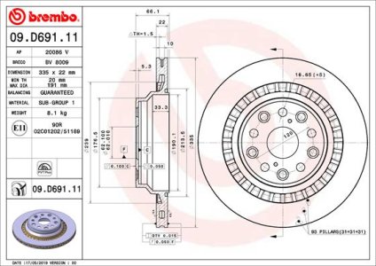 TARCZA HAMULCOWA BREMBO 09 D691 11 4243250010 LEXUS LS460 06- TYŁ