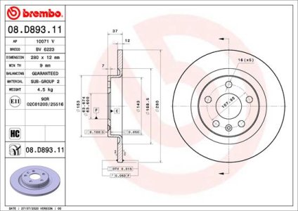 Tarcza hamulcowa BREMBO 08.D893.11 31471476 VOLVO XC40 17- tył