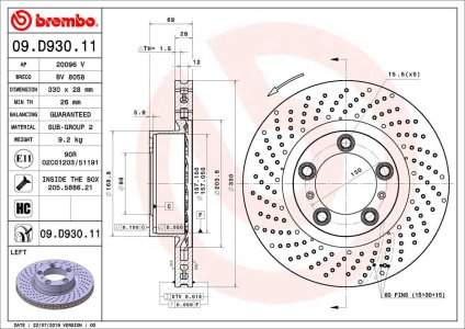 Tarcza hamulcowa BREMBO 09.D930.11 99735140101 PORSCHE 911 (997) 08- LP