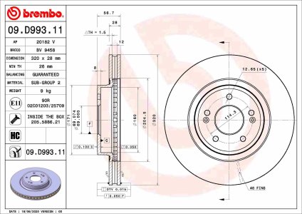 Tarcza hamulcowa BREMBO 09.D993.11 51712J5050 KIA STINGER 17- przód