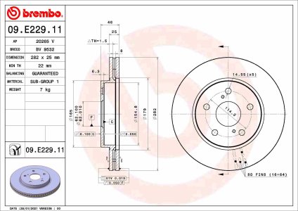 Tarcza hamulcowa BREMBO 09.E229.11 4351202390 TOYOTA COROLLA 18- przód