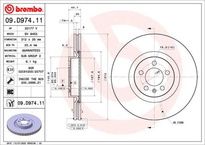 Tarcza hamulcowa BREMBO 09.D974.11 2Q0615301J AUDI A1 18- przód