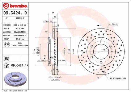 Tarcza hamulcowa BREMBO 09.C424.1X 1763037 FORD RANGER 11- przód