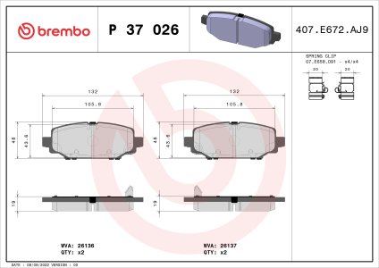 Klocki hamulcowe BREMBO P37026 68385238AA JEEP WRANGLER (JL) 17- tył
