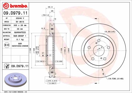 Tarcza hamulcowa BREMBO 09.D979.11 4351233150 TOYOTA CAMRY 17- przód