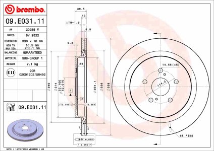 Tarcza hamulcowa BREMBO 09.E031.11 4243148090 LEXUS RX 15- tył