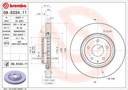 Tarcza hamulcowa BREMBO 09.E034.11 TK7833251B MAZDA 6 18- przód