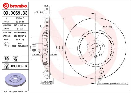 Tarcza hamulcowa BREMBO 09.D069.33 LR116911 RANGE ROVER VELAR 19- przód